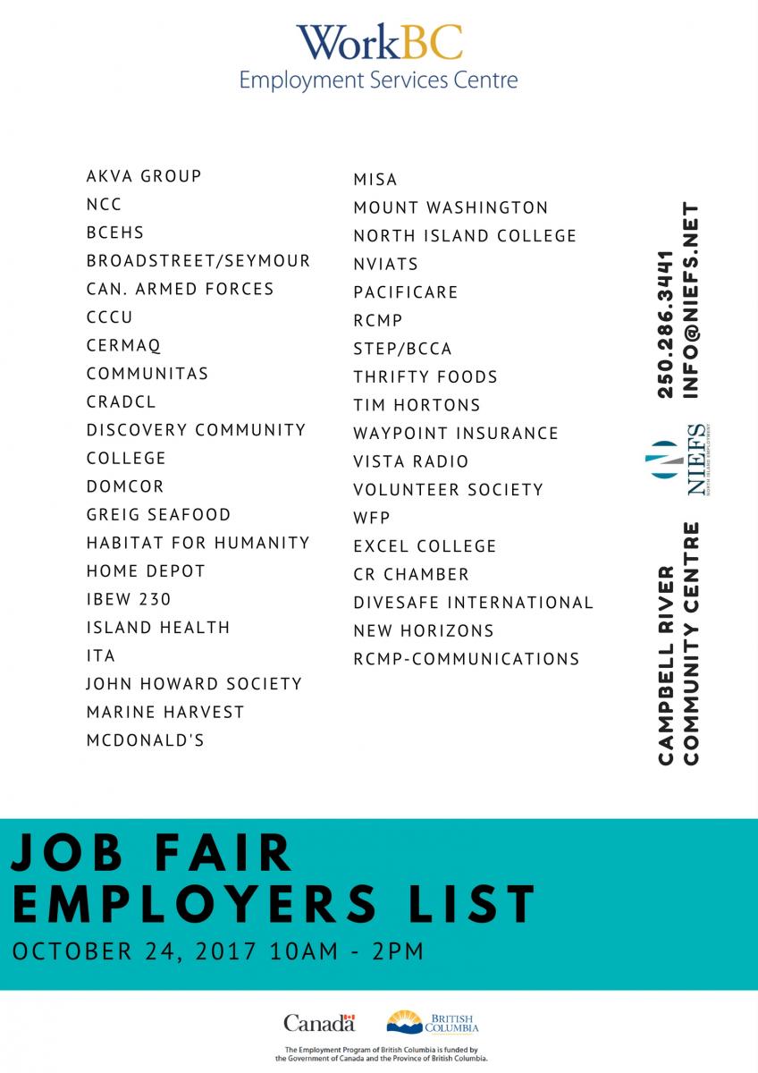 Employers List Job Fair October 24 2017
