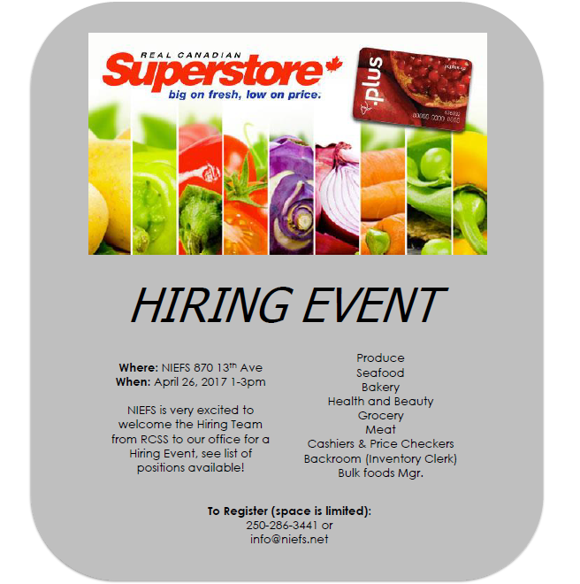 Hiring Session at NIEFS April 26 from 1 to 3pm for a variety of positions. Come ready with your resume and prepped for on the spot interviews.