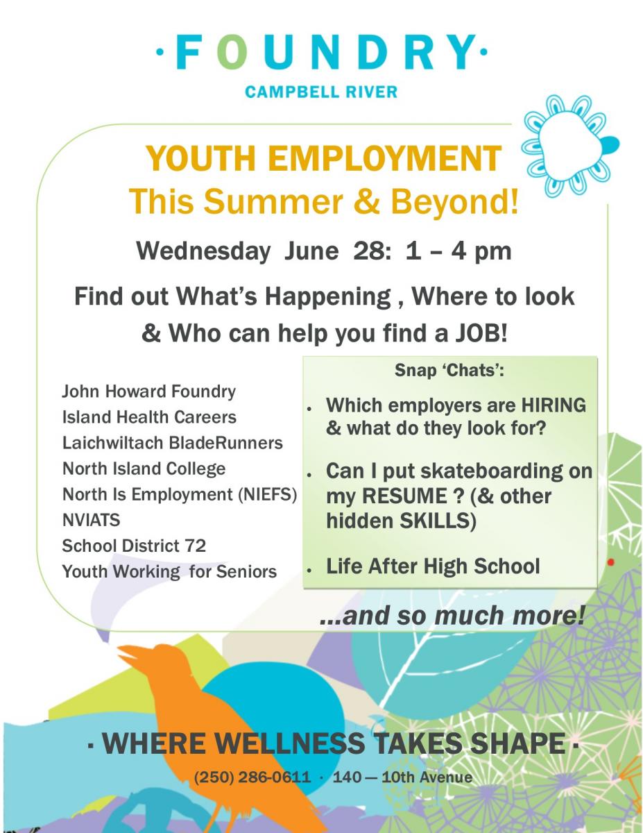 Youth Employment Event June 28 1pm to 4pm at Foundry 140 10 Avenue call 250 286 0611 for details
