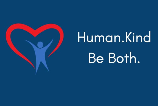 graphic of heart with person standing in it, arms raised. says Human. Kind. Be Both.