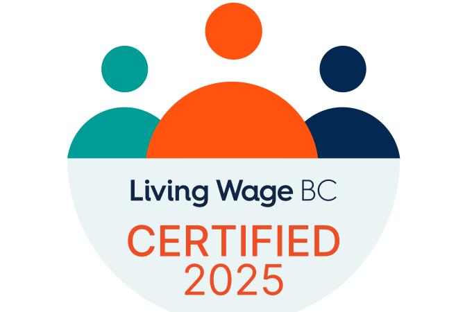 Multi coloured graphic showing NIEFS was Living Wage BC Certified in 2025